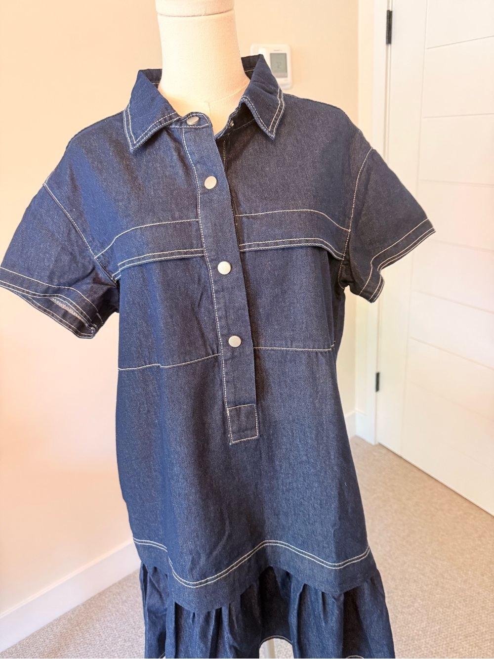 Dark Blue Denim Mini Dress with Ruffle Hem - Picture 4 of 12